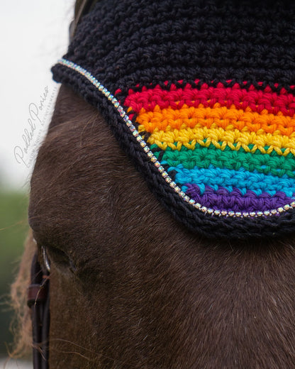 LGBTQ+ Rainbow Flag Tip Black Horse Fly Veil Bonnet with Rhinestones