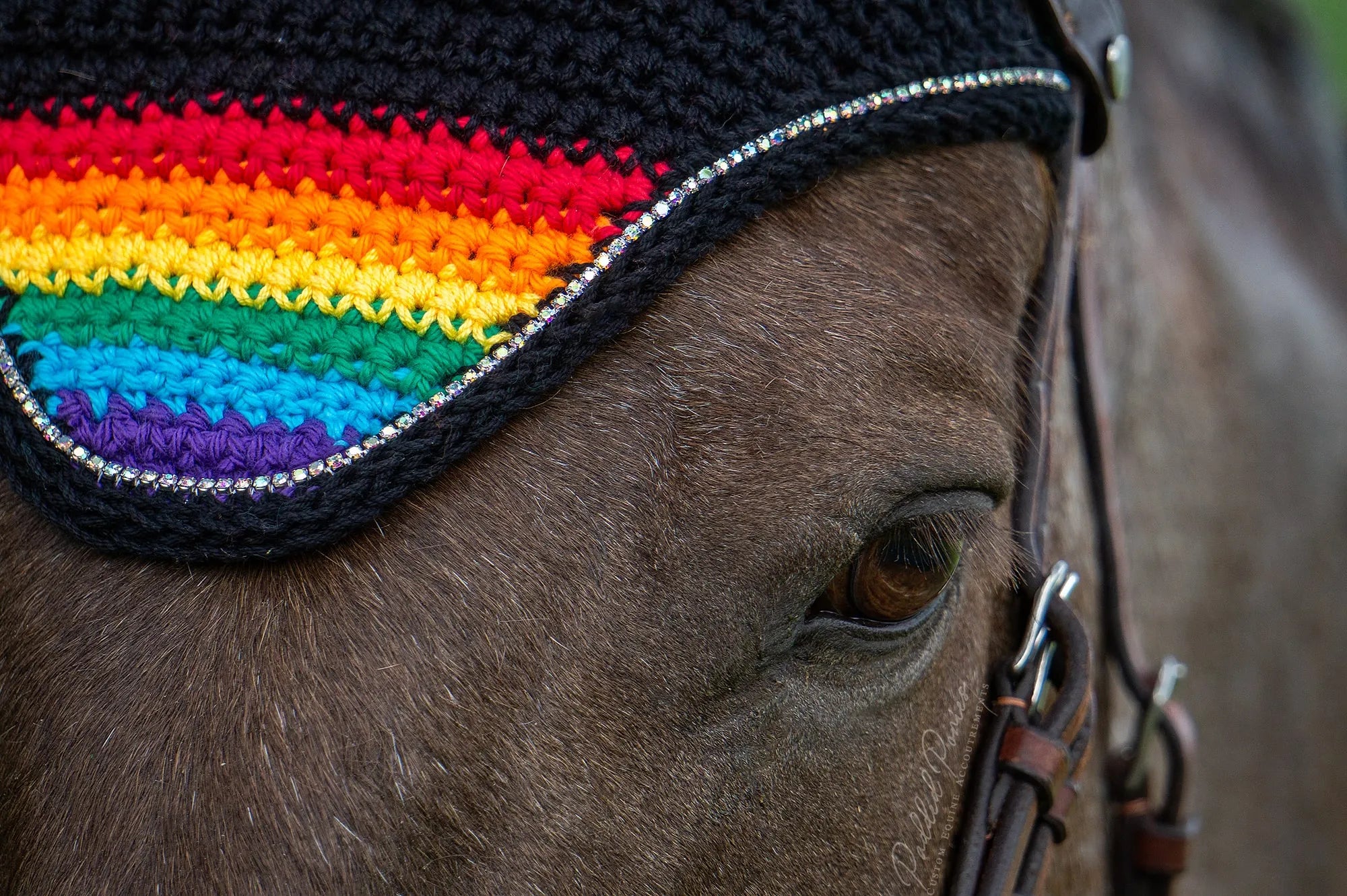 LGBTQ+ Rainbow Flag Tip Black Horse Fly Veil Bonnet with Rhinestones