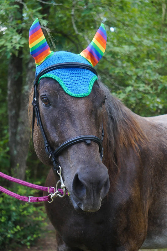 LGBTQ+ Gay Rainbow Flag Stripe Ear Blue Horse Fly Veil Bonnet