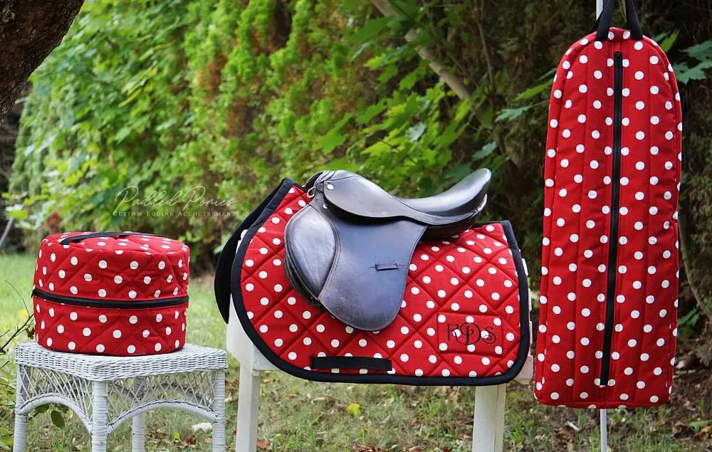 Red and Black Polka Dot Bridle Bag with Matching Helmet Bag and Saddle Pad