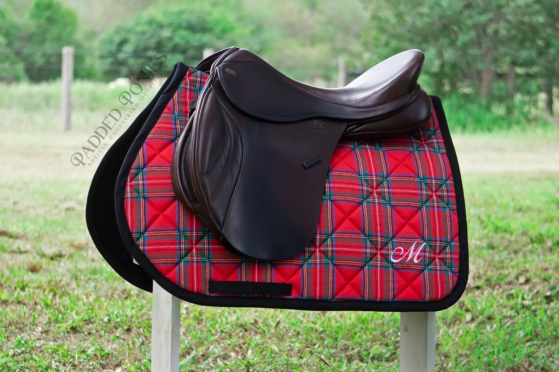 Red and Black Stewart Tartan Plaid Flannel All Purpose Saddle Pad with Monogram