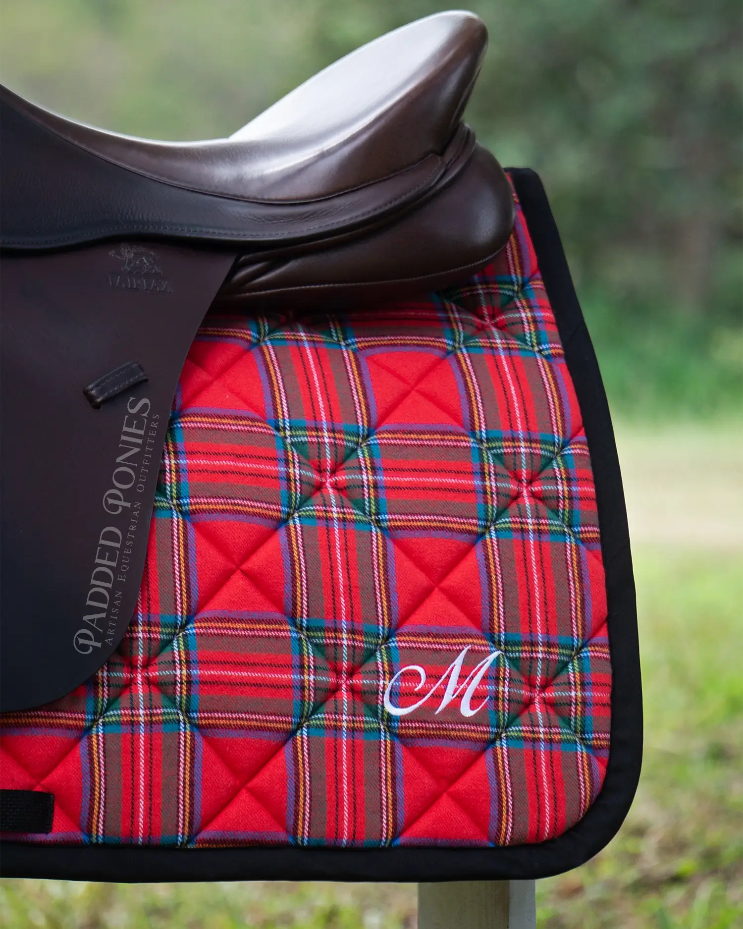 Red and Black Stewart Tartan Plaid Flannel All Purpose Saddle Pad with Monogram
