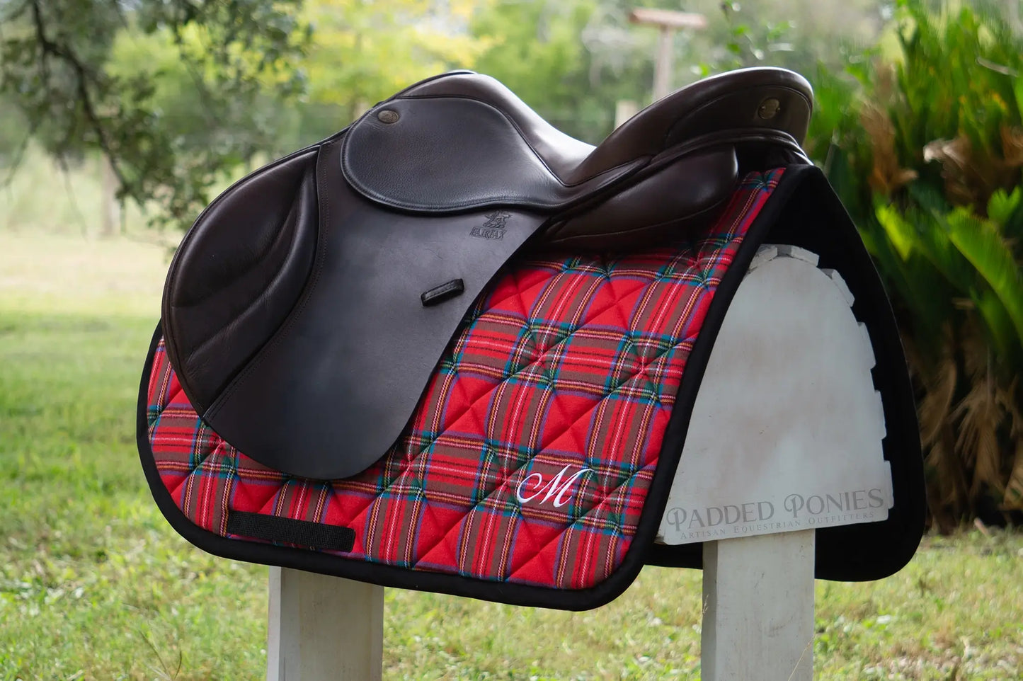 Red and Black Stewart Tartan Plaid Flannel All Purpose Saddle Pad with Monogram