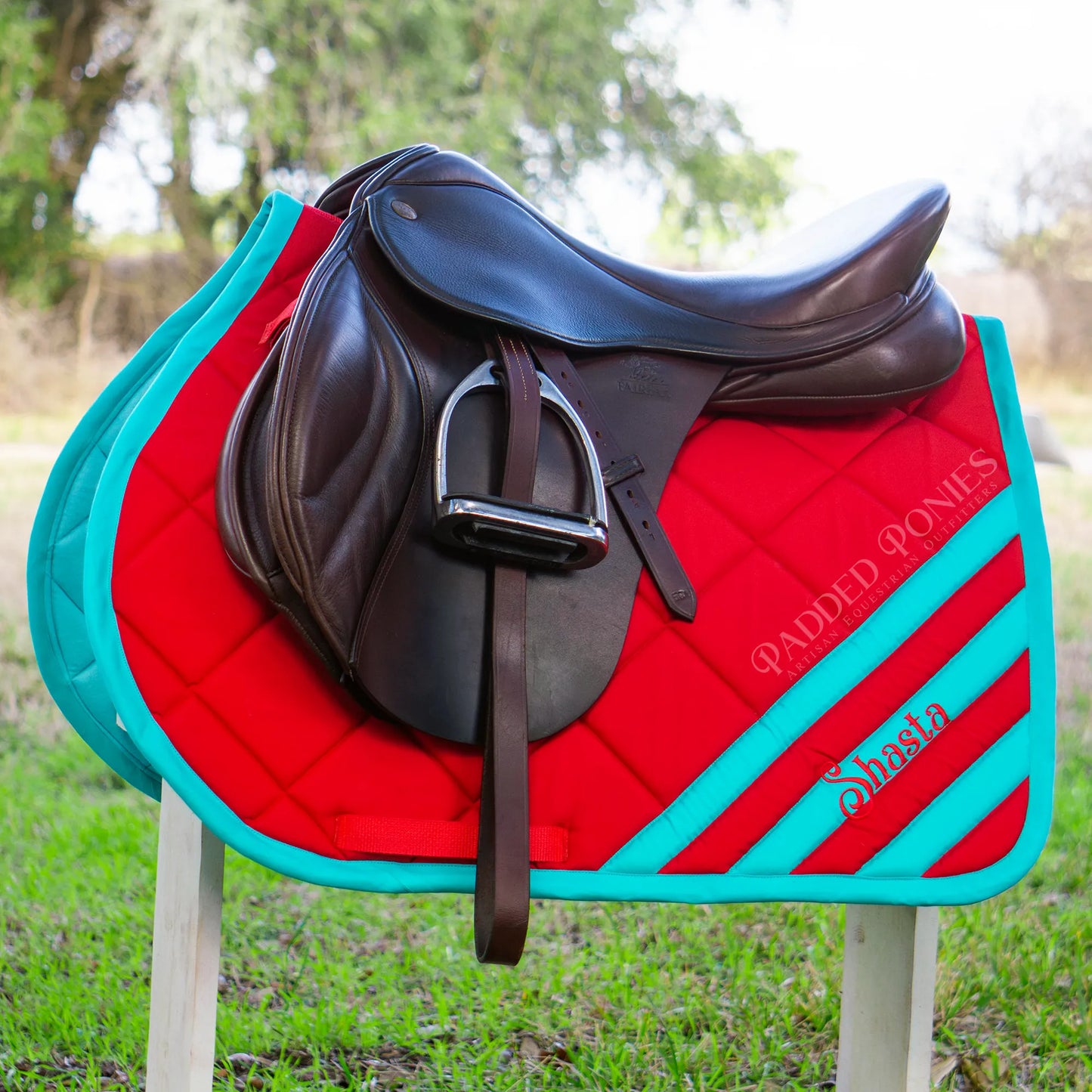Red and Turquoise Corner Stripe All Purpose Saddle Pad With Monogram