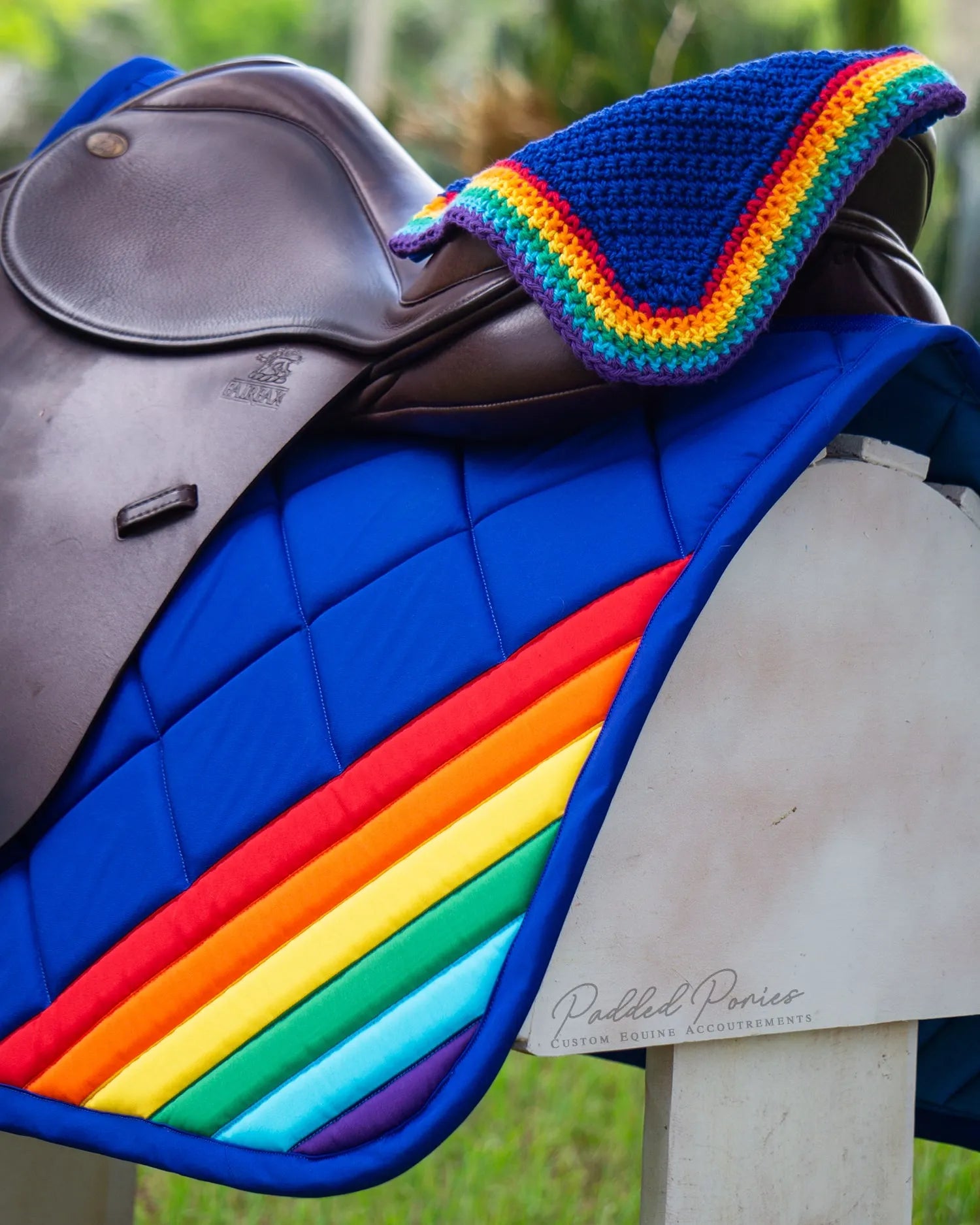 LGBTQ+ Gay Rainbow Flag Trim Royal Blue Fly Veil Bonnet and Matching Saddle Pad