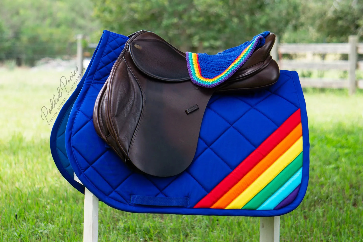 LGBTQ+ Gay Rainbow Flag Corner Royal Blue High Wither All Purpose Saddle Pad with Matching Fly Veil Bonnet