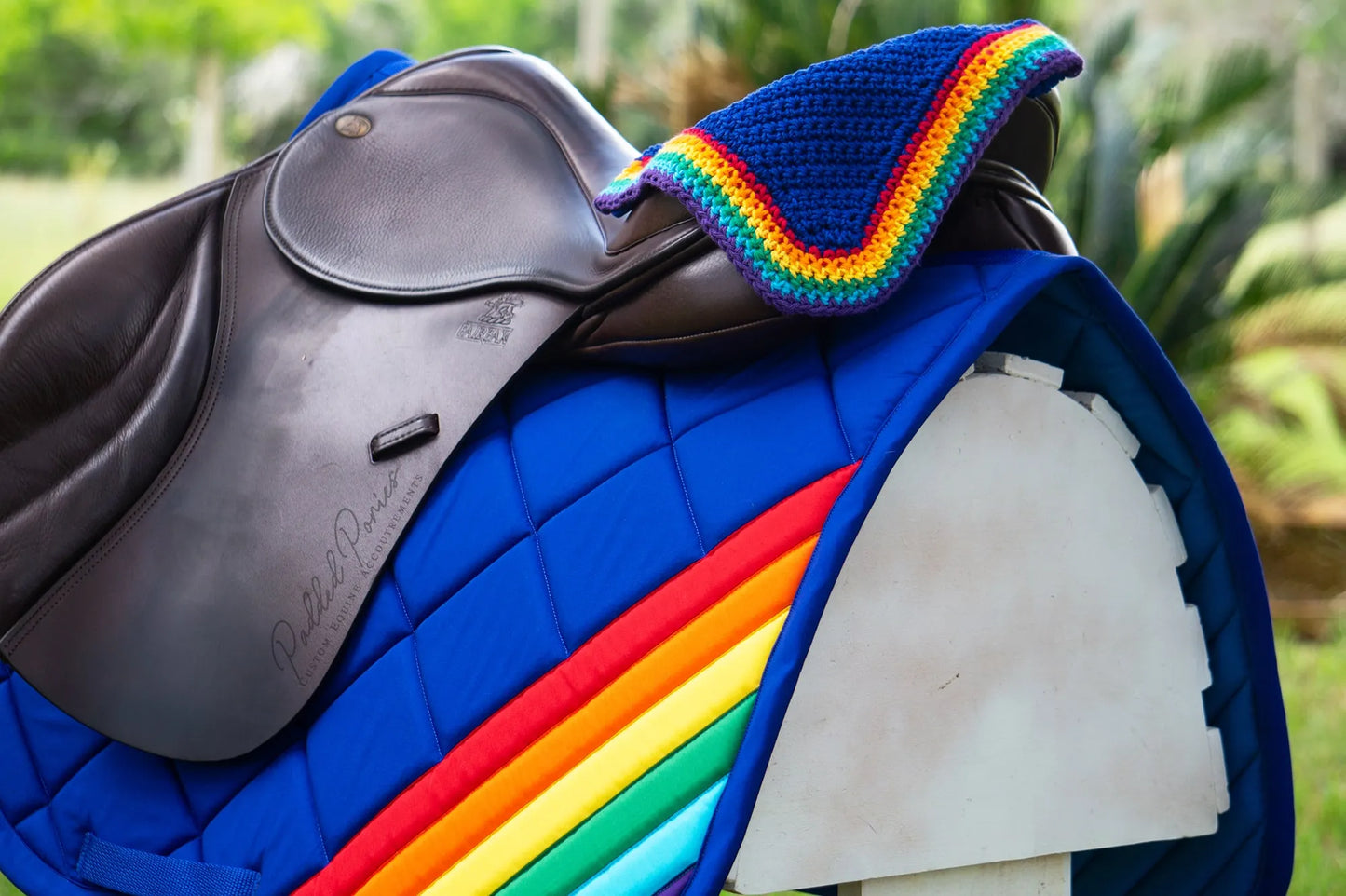 LGBTQ+ Gay Rainbow Flag Corner Royal Blue Saddle Pad with Matching Fly Veil Bonnet