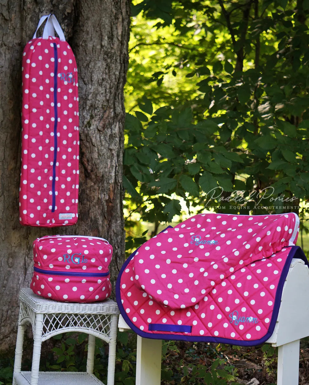 Hot Pink and Purple Polka Dot Monogrammed Bridle Bag with Matching Accessories 