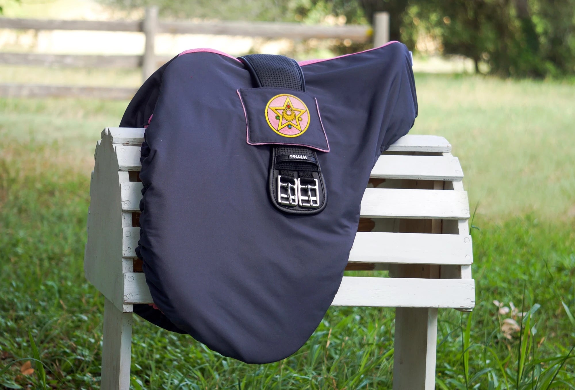 Gray and Pink Sailor Moon Anime Patch Dressage Saddle Cover with Girth Pocket