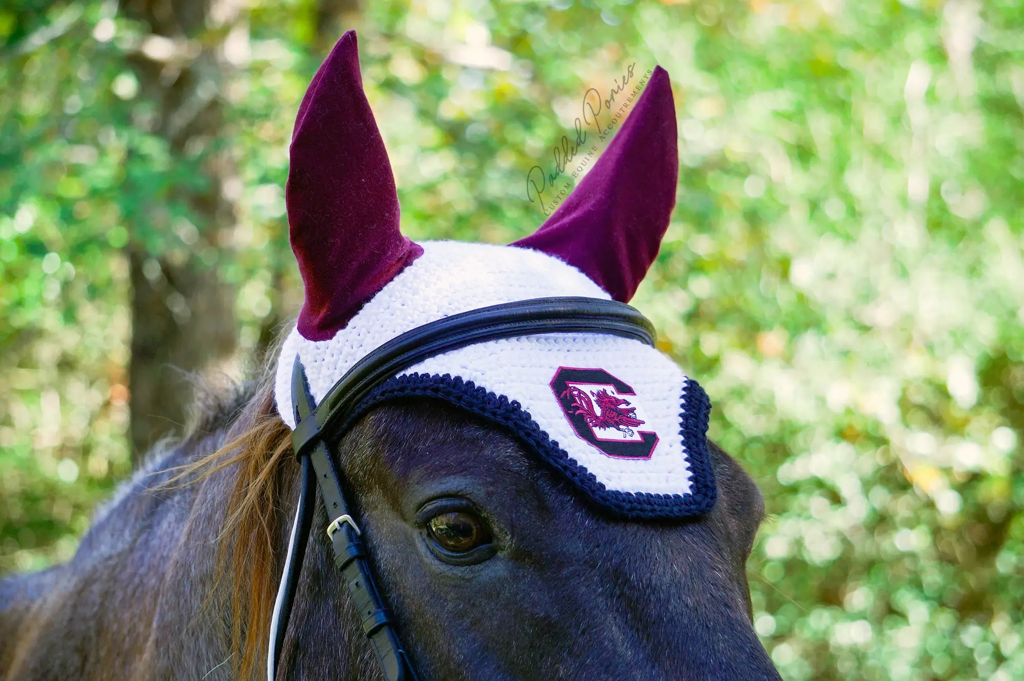 White and Maroon Burgundy University of South Carolina Gamecocks Patch Fly Veil Bonnet