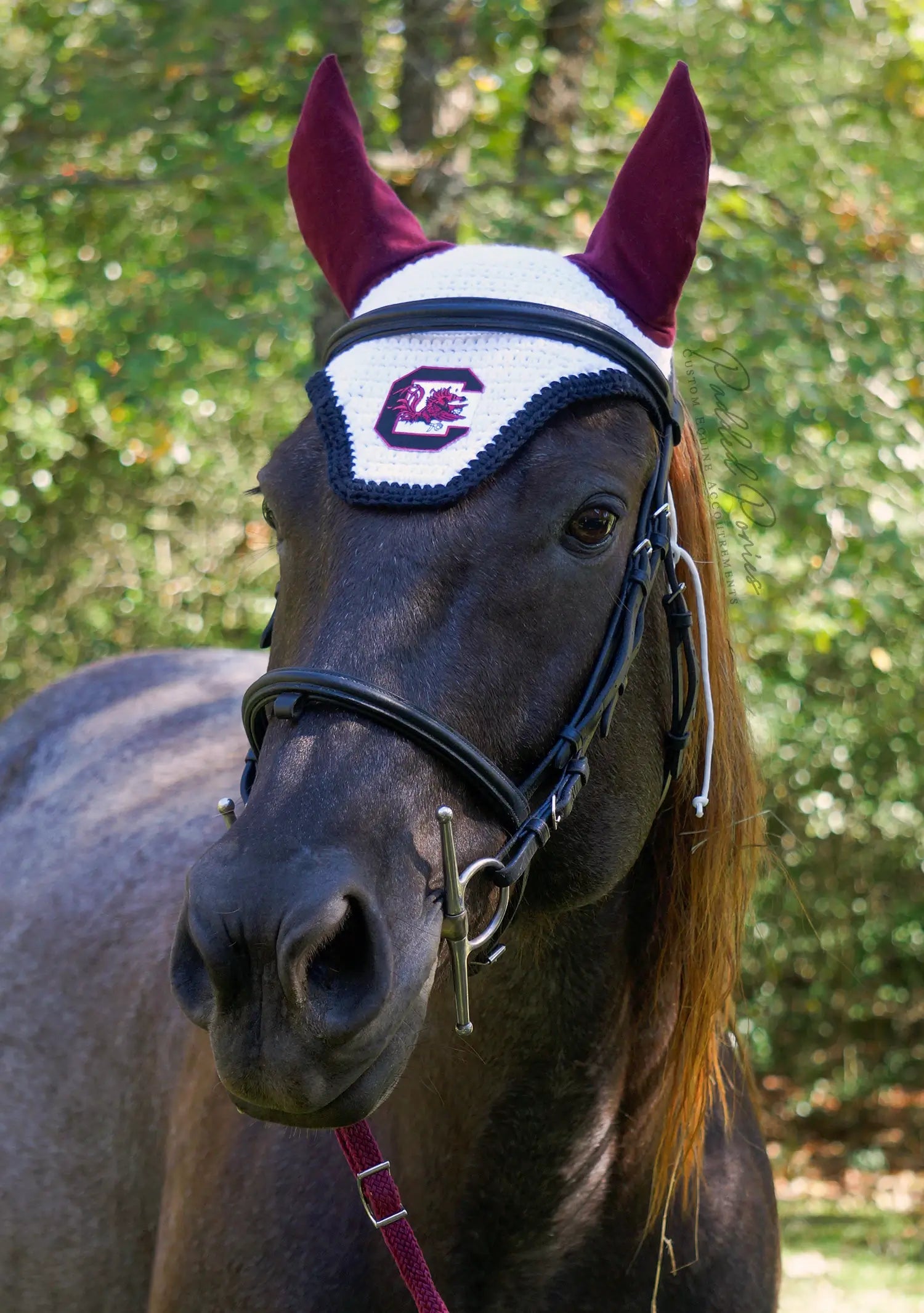 White and Maroon Burgundy University of South Carolina Gamecocks Patch Fly Veil Bonnet