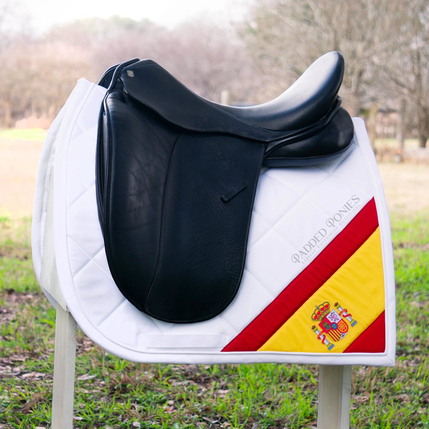 White Dressage Saddle Pad with Spanish Flag Square Corner