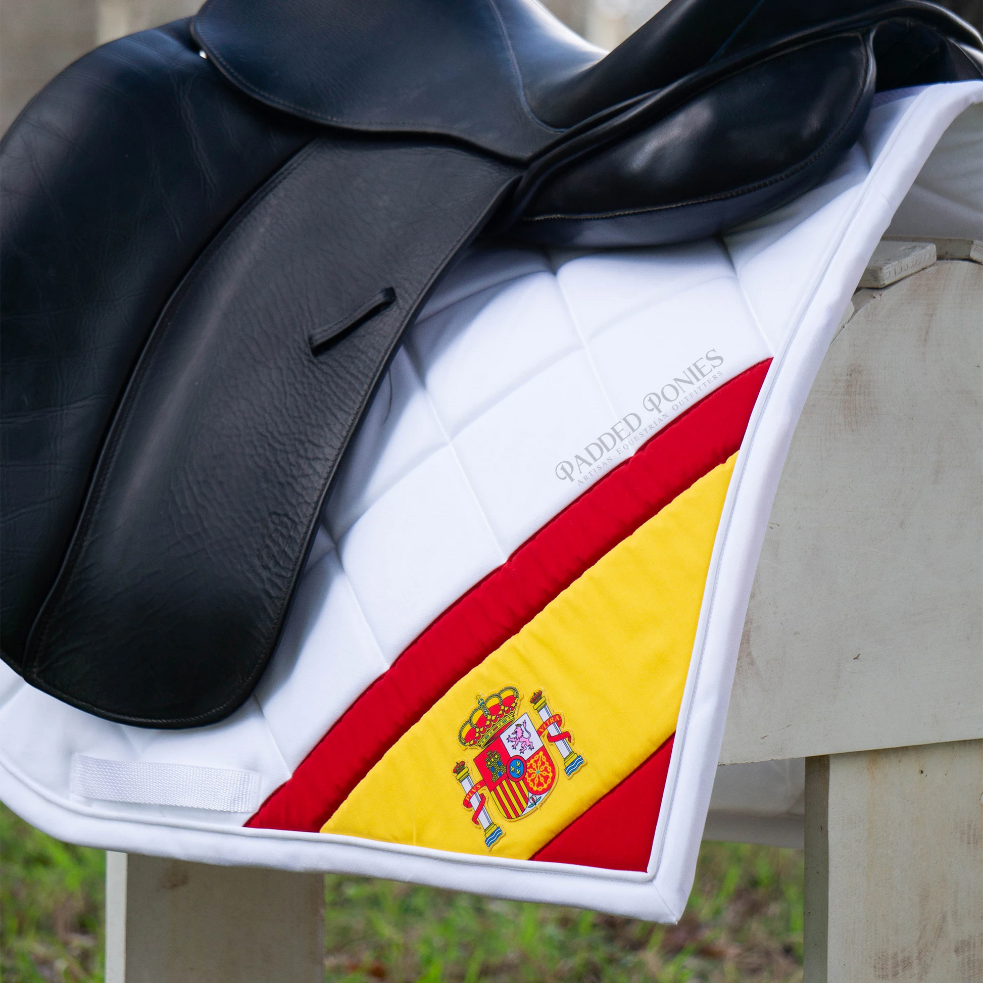 White Dressage Saddle Pad with Spanish Flag Square Corner