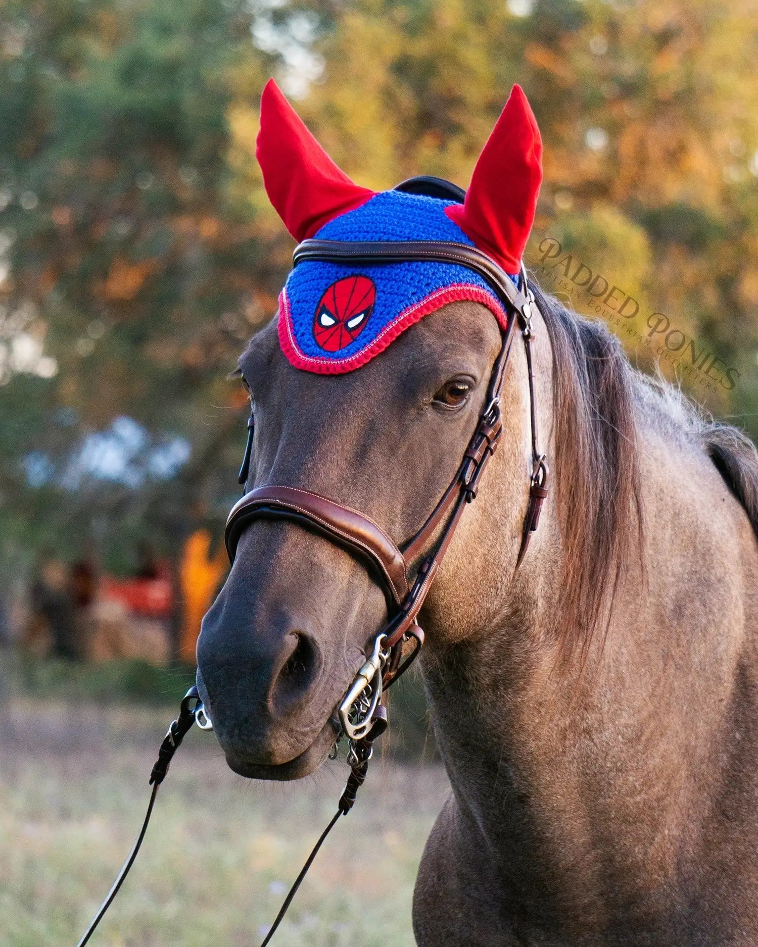 Royal Blue and Red Marvel Spiderman Superhero Patch Fly Veil Bonnet with Rhinestones