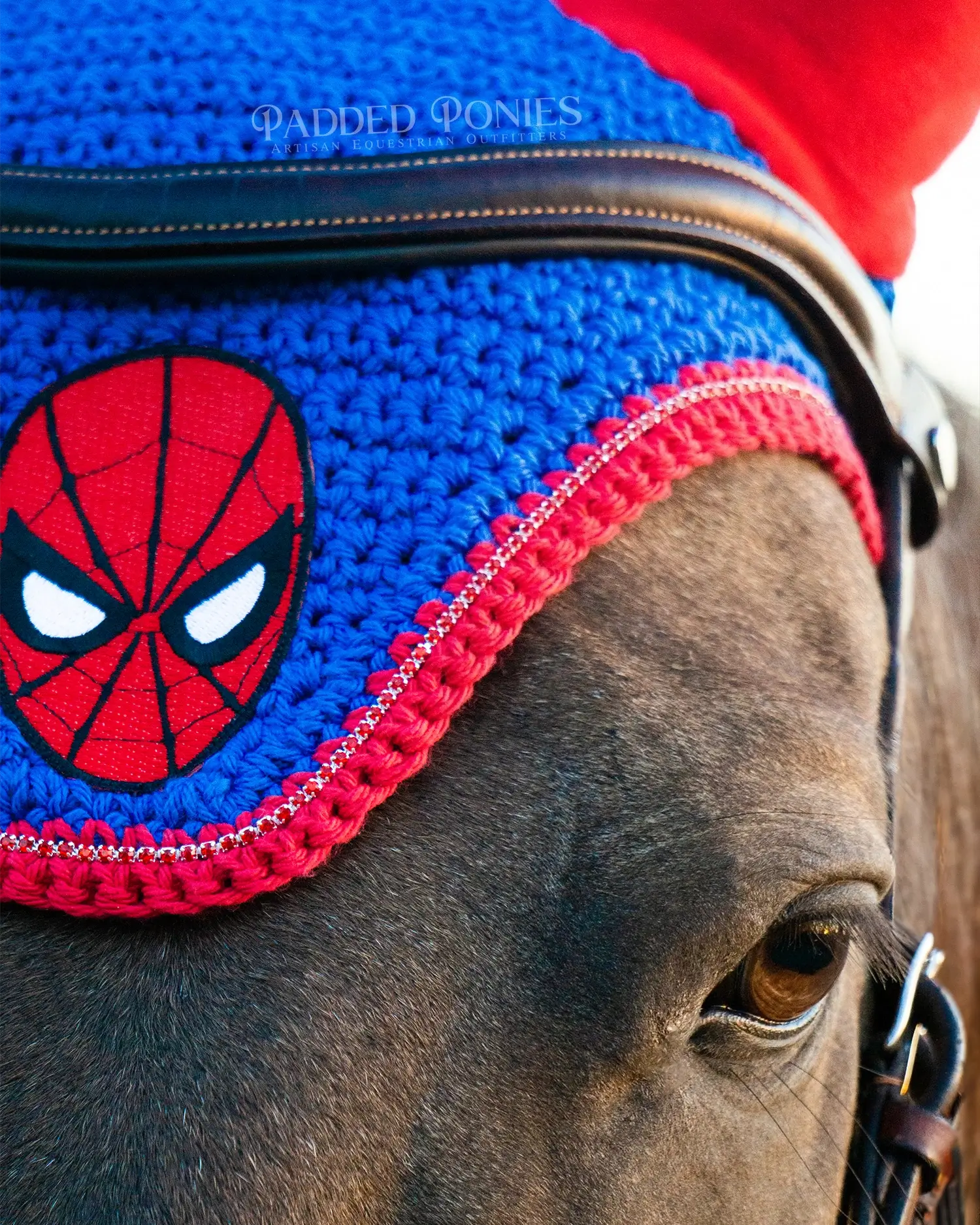 Royal Blue and Red Marvel Spiderman Superhero Patch Fly Veil Bonnet with Rhinestones