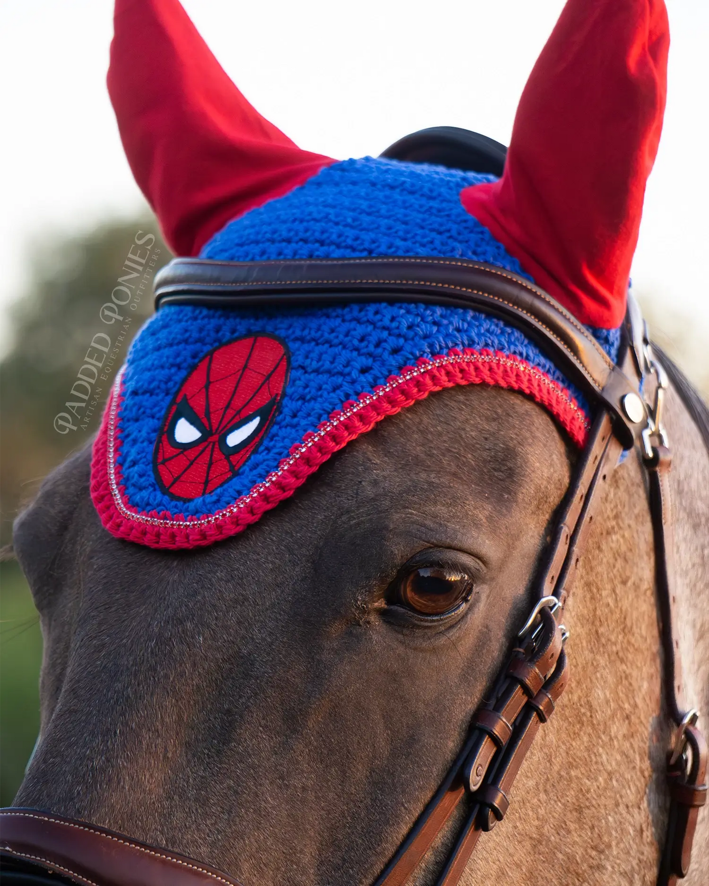 Red and Royal Blue Marvel Spiderman Patch Rhinestone Fly Veil Horse Bonnet