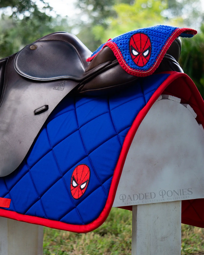 Royal Blue and Red Marvel Spiderman Superhero Patch All Purpose Saddle Pad with Matching Fly Veil Bonnet