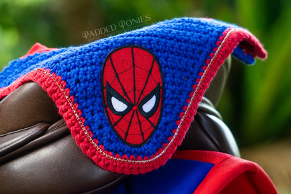 Royal Blue and Red Marvel Spiderman Superhero Patch Fly Veil Bonnet with Rhinestones