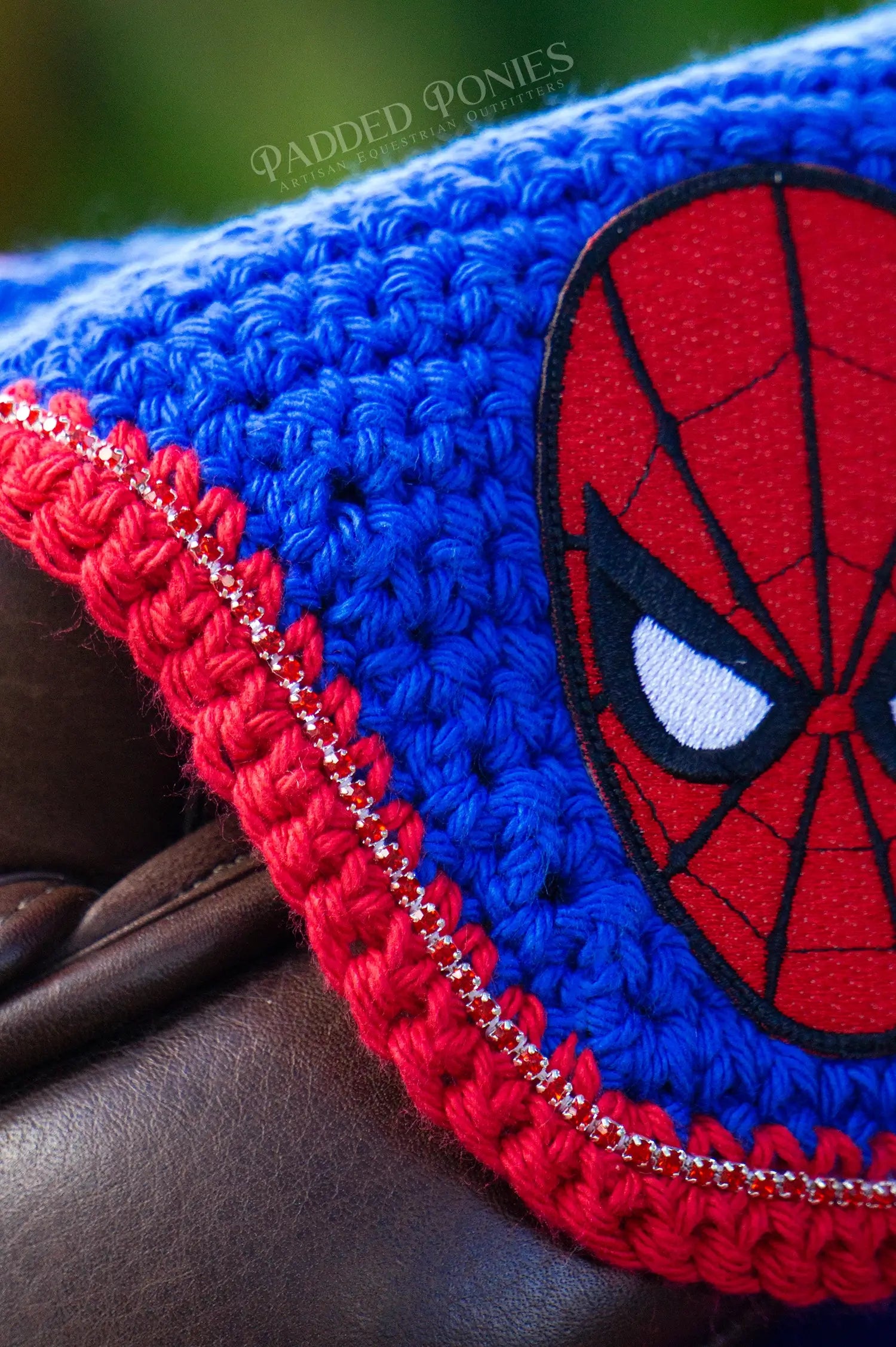 Royal Blue and Red Marvel Spiderman Superhero Patch Fly Veil Bonnet with Rhinestones