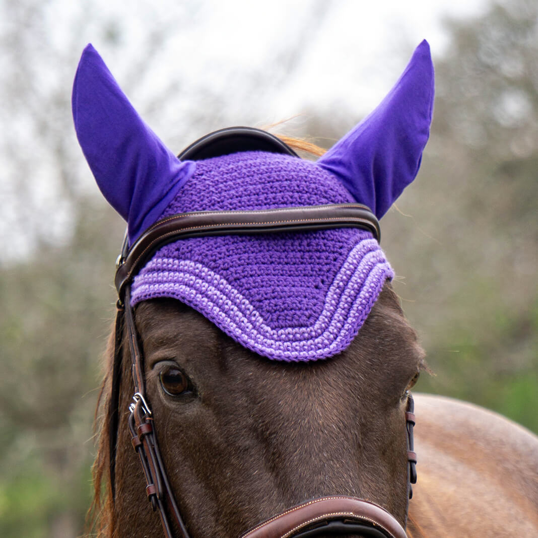 Purple and Orchid Stripe Trim Fly Veil Bonnet Horse Size