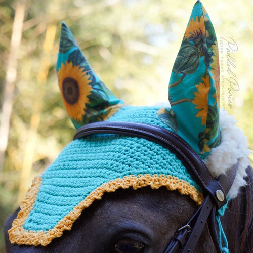 Turquoise and Yellow Sunflowers Floral Fly Veil Bonnet