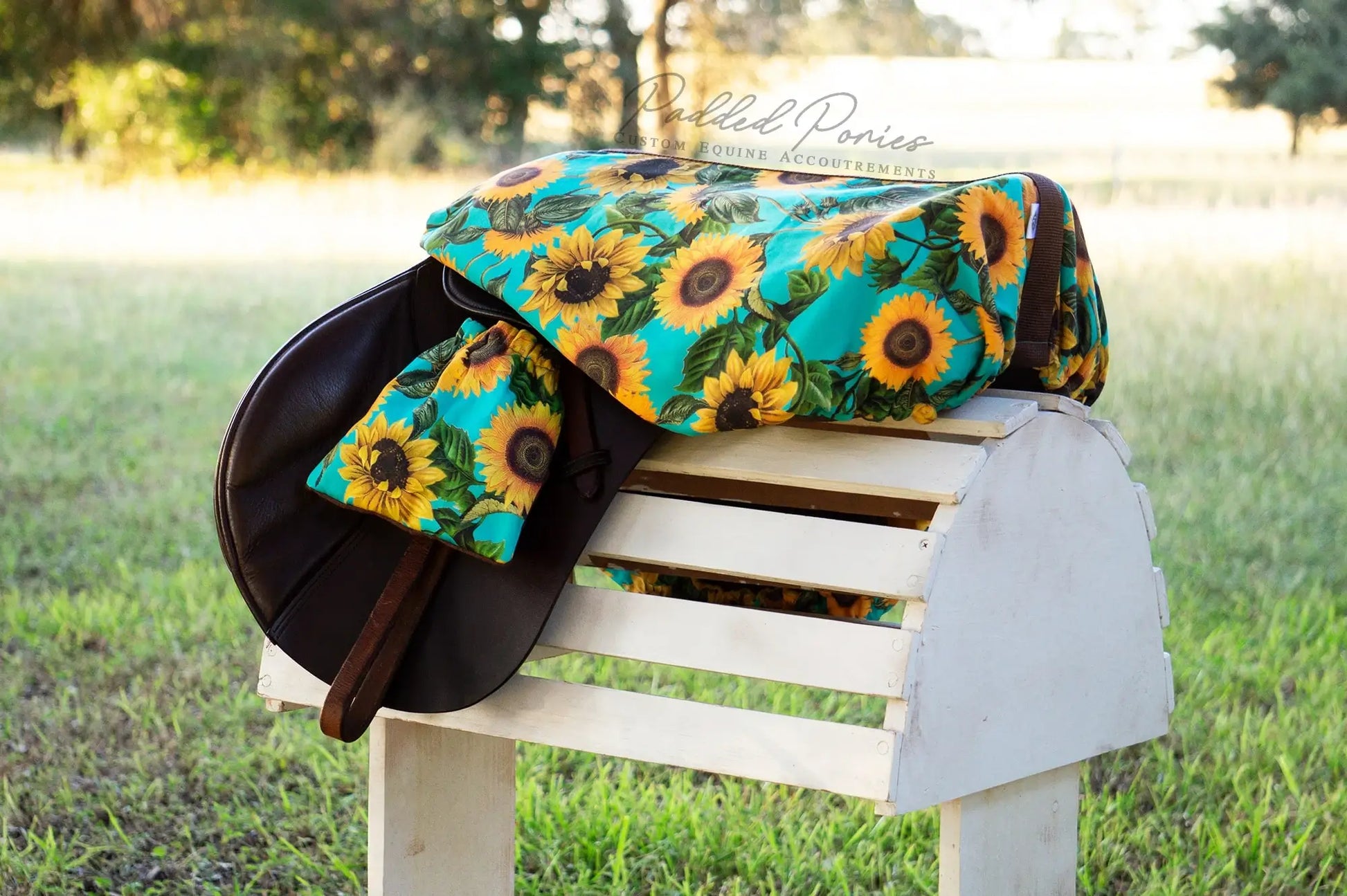 Turquoise Teal Aqua Yellow Sunflowers Floral All Purpose Saddle Cover with Matching Stirrup Covers