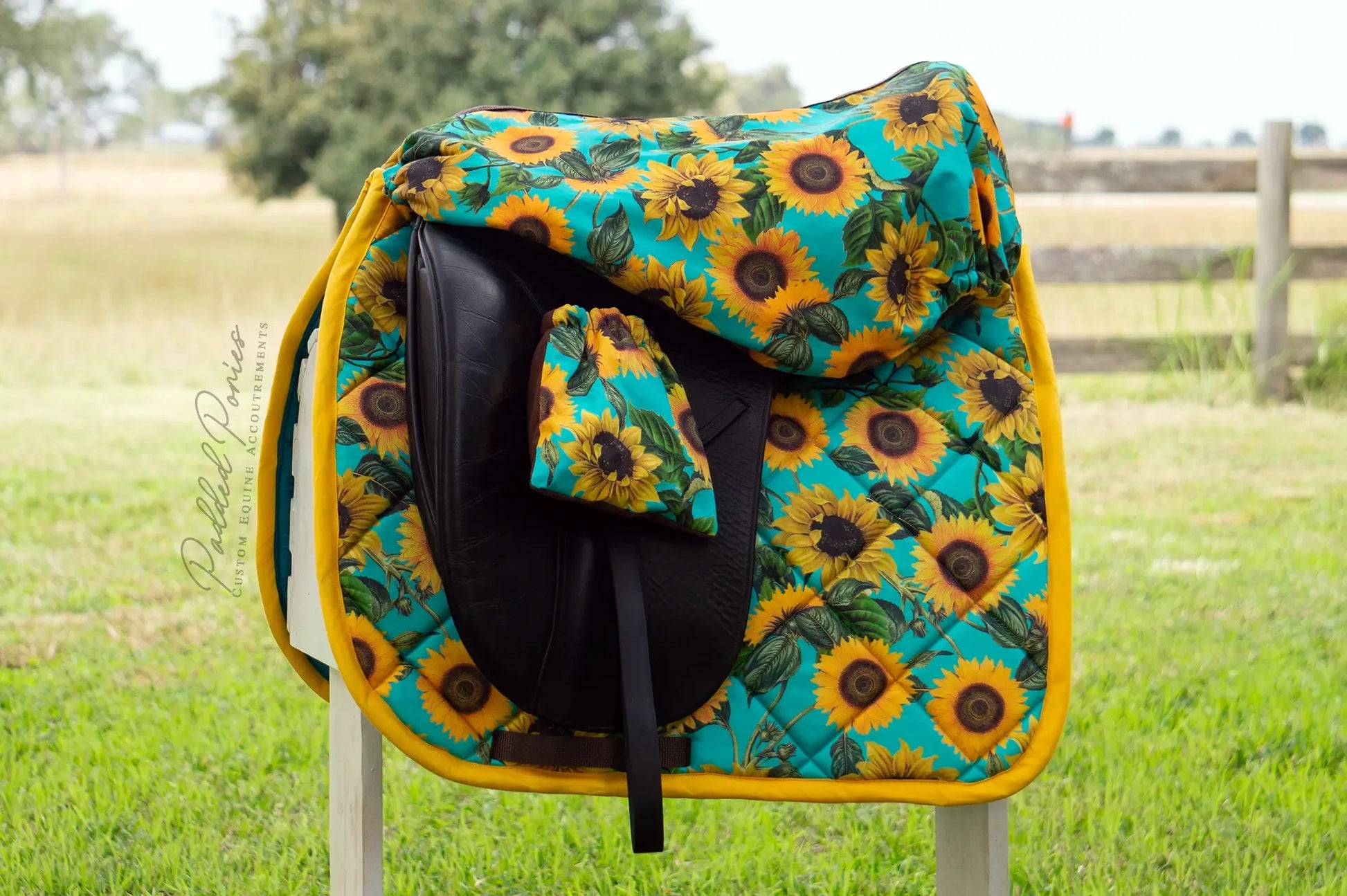 Turquoise and Yellow Sunflowers Floral Dressage Saddle Pad with Matching Saddle Cover and Stirrup Covers