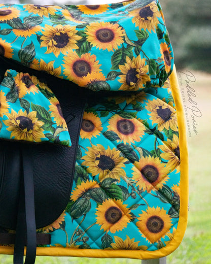 Turquoise and Yellow Sunflowers Floral Dressage Saddle Pad, Saddle Cover, and Stirrup Covers