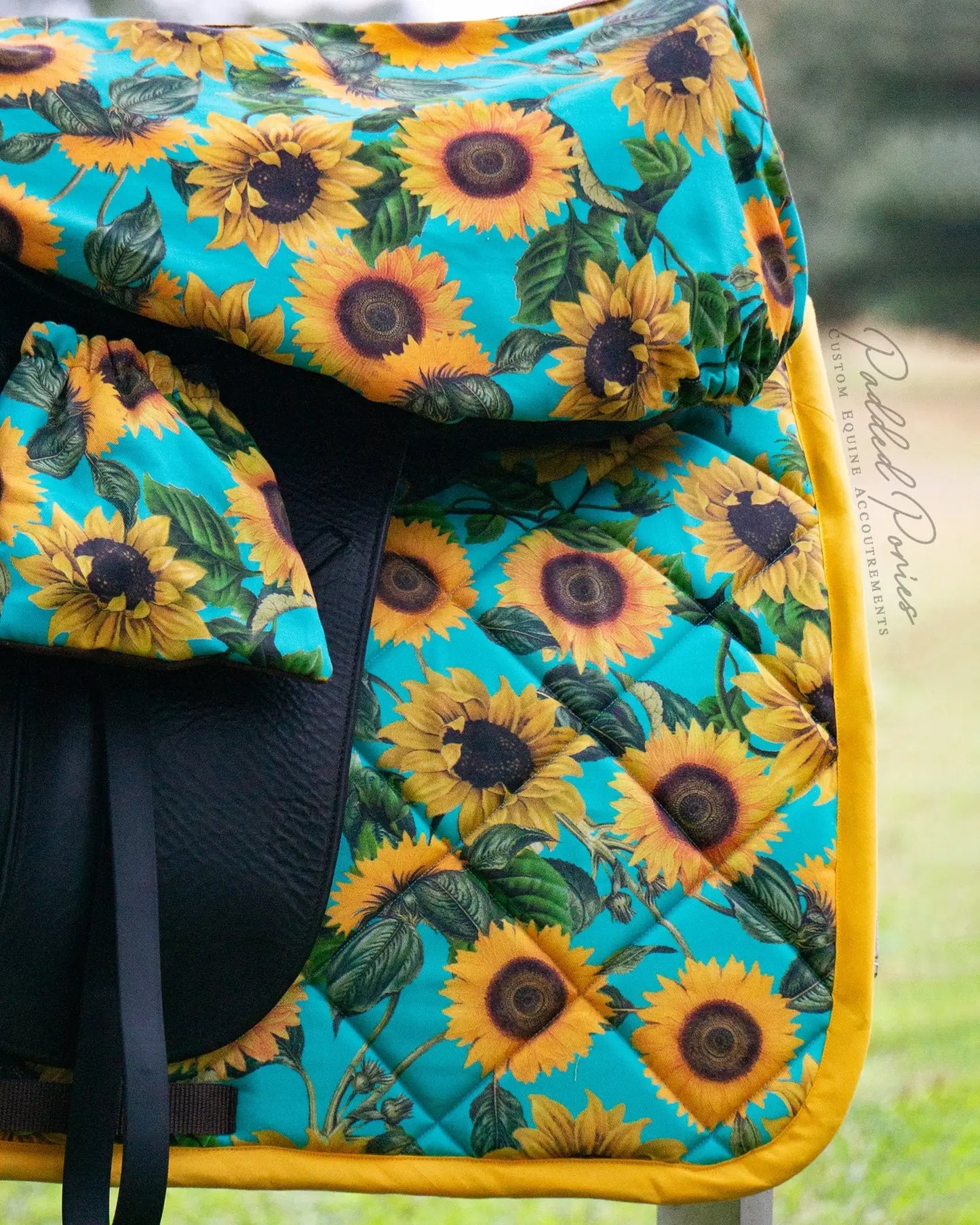Turquoise Teal Aqua Yellow Sunflowers Floral Dressage Saddle Cover Matching Set