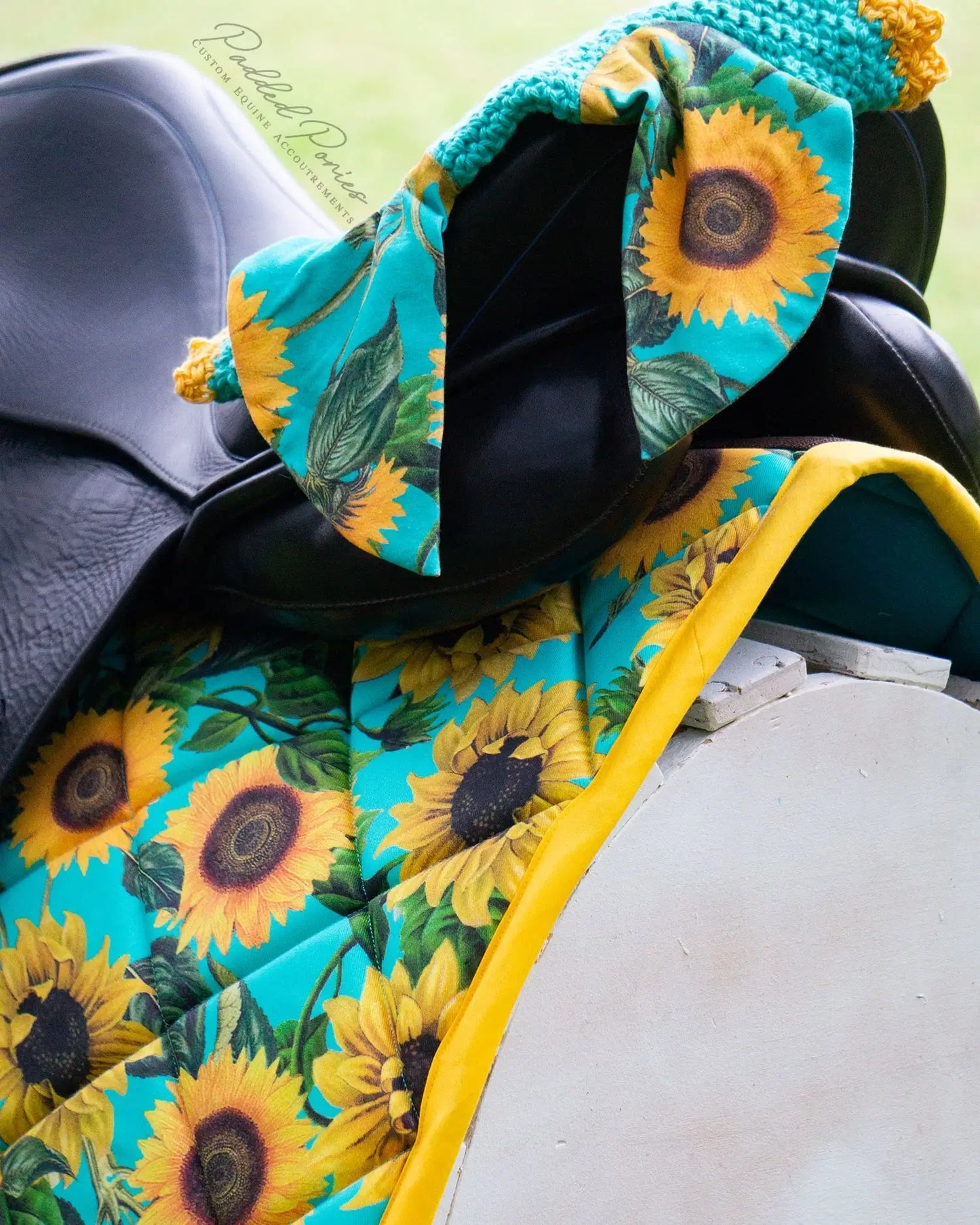 Turquoise and Yellow Sunflowers Floral Dressage Saddle Pad with Matching Fly Veil Bonnet