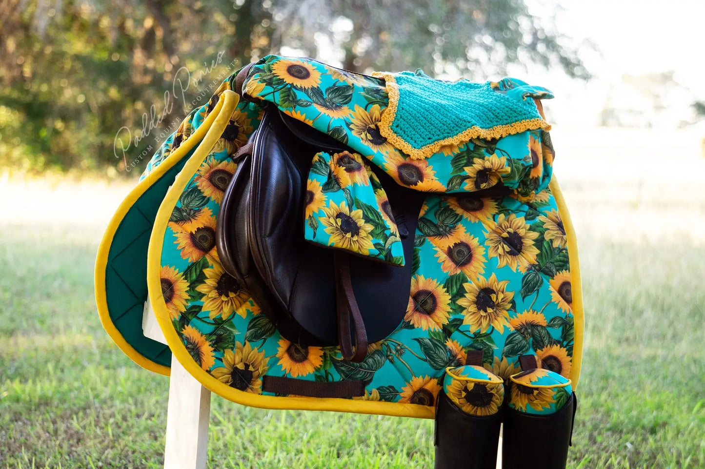 Turquoise Teal Aqua Yellow Sunflowers Floral All Purpose Saddle Cover with Matching Saddle Pad, Bonnet, Boot Trees, and Stirrup Covers