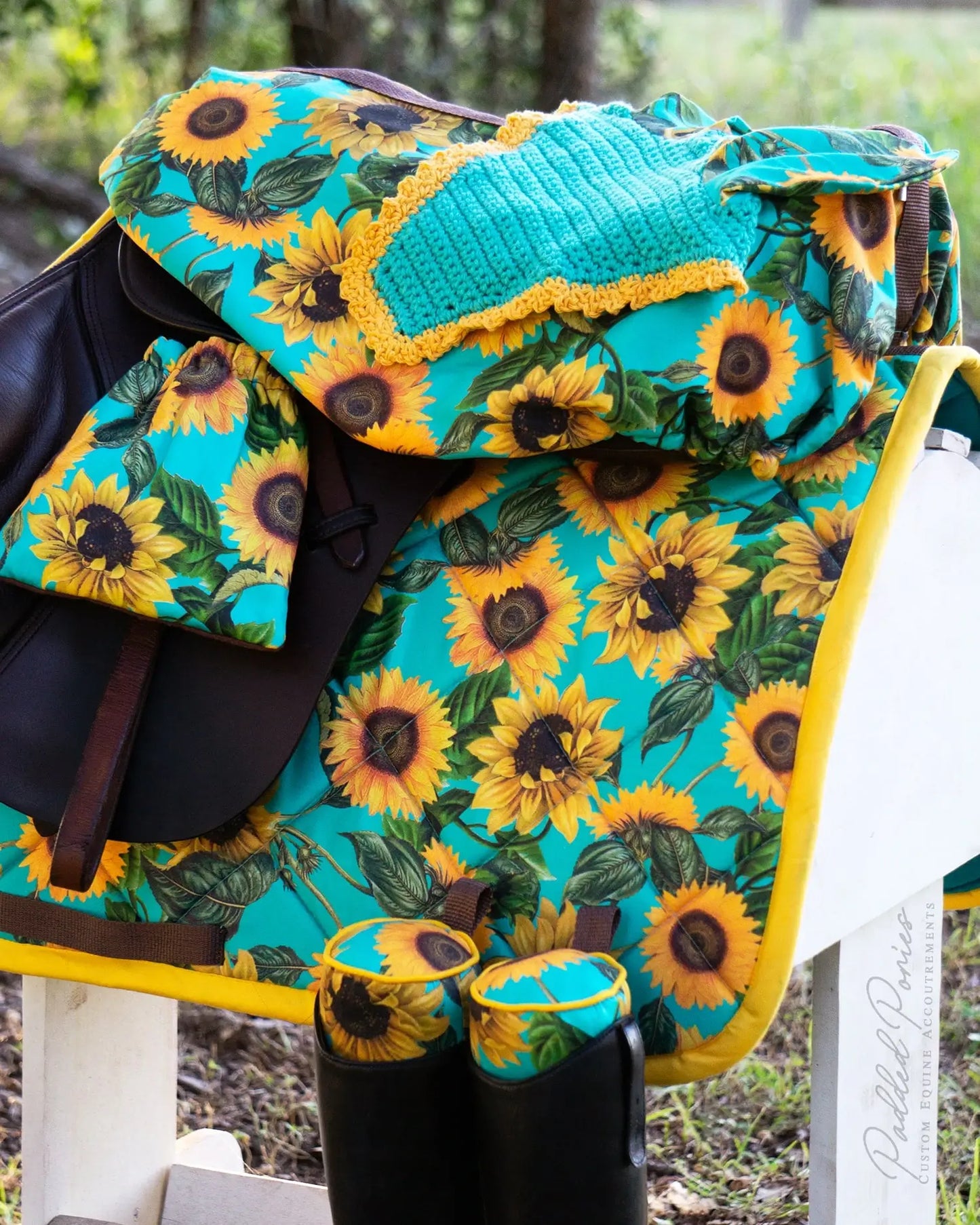 Turquoise and Yellow Sunflowers Floral All Purpose Saddle Pad with Matching Accessories 