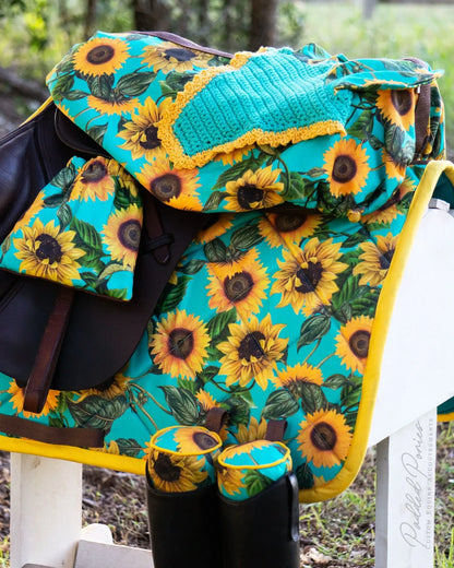 Turquoise Teal Aqua Yellow Sunflowers Floral All Purpose Saddle Cover With Matching Accessories