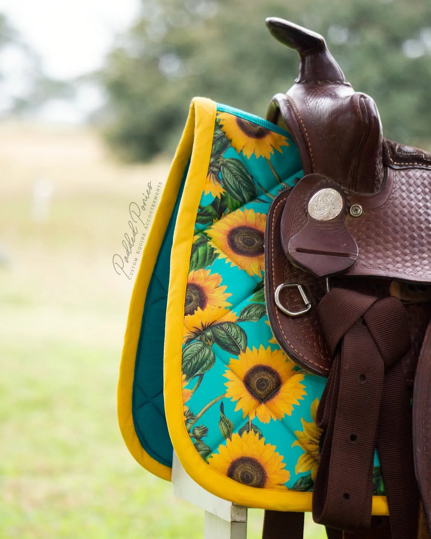 Turquoise and Yellow Sunflowers Floral Western Saddle Pad