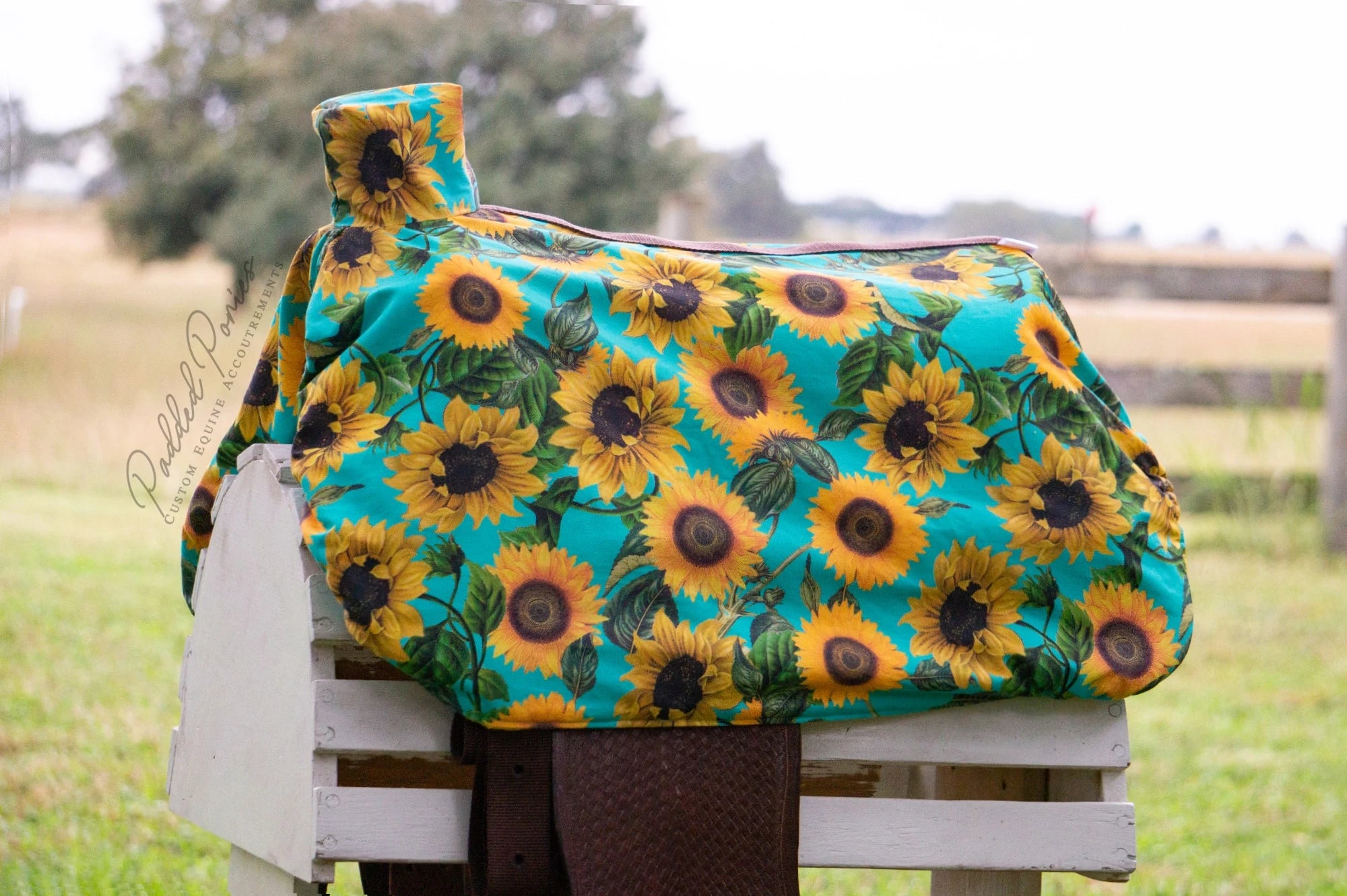 Turquoise Teal Aqua Yellow Sunflowers Floral Western Saddle Cover