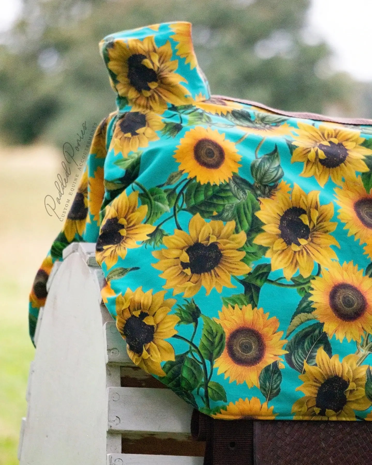 Turquoise Teal Aqua Yellow Sunflowers Floral Western Saddle Cover