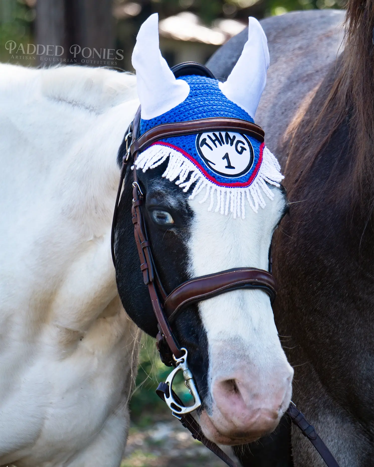 Blue, White, and Red Dr. Seuss Thing 1 Pony Fly Veil Bonnets