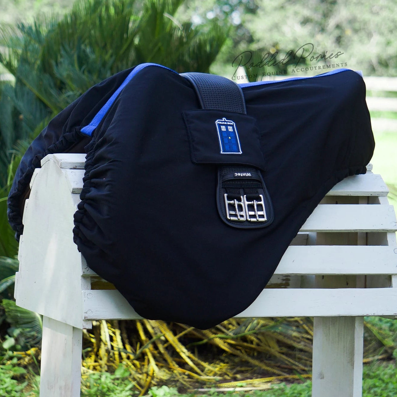 Black and Blue Doctor Who Tardis Patch All Purpose Saddle Cover with Girth Holder Pocket