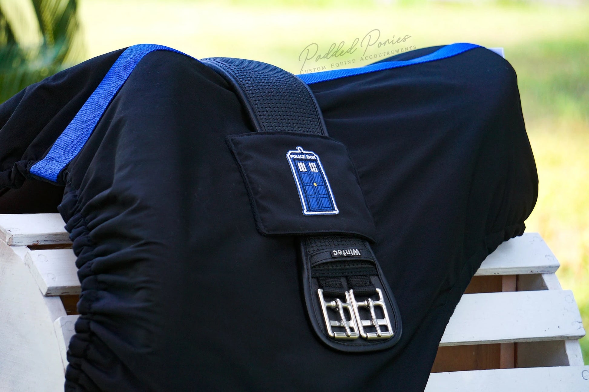 Black and Blue Doctor Who Tardis Patch All Purpose Saddle Cover with Girth Holder Pocket
