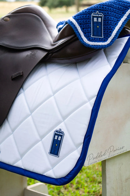 White and Royal Blue Dr. Who Tardis Patch Jump Saddle Pad with Matching Fly Veil Bonnet