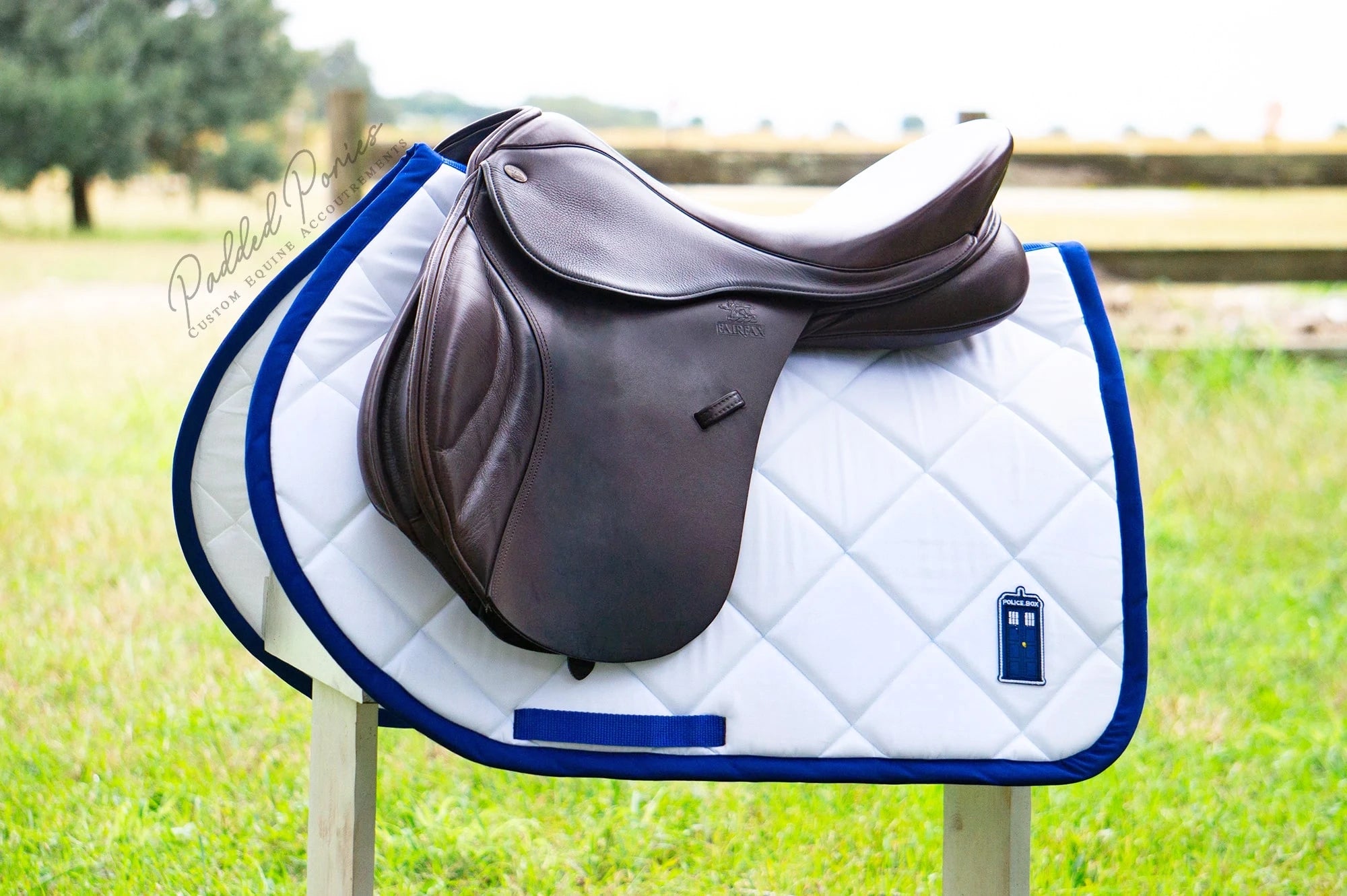 White and Royal Blue Dr. Who Tardis Patch Jump Saddle Pad
