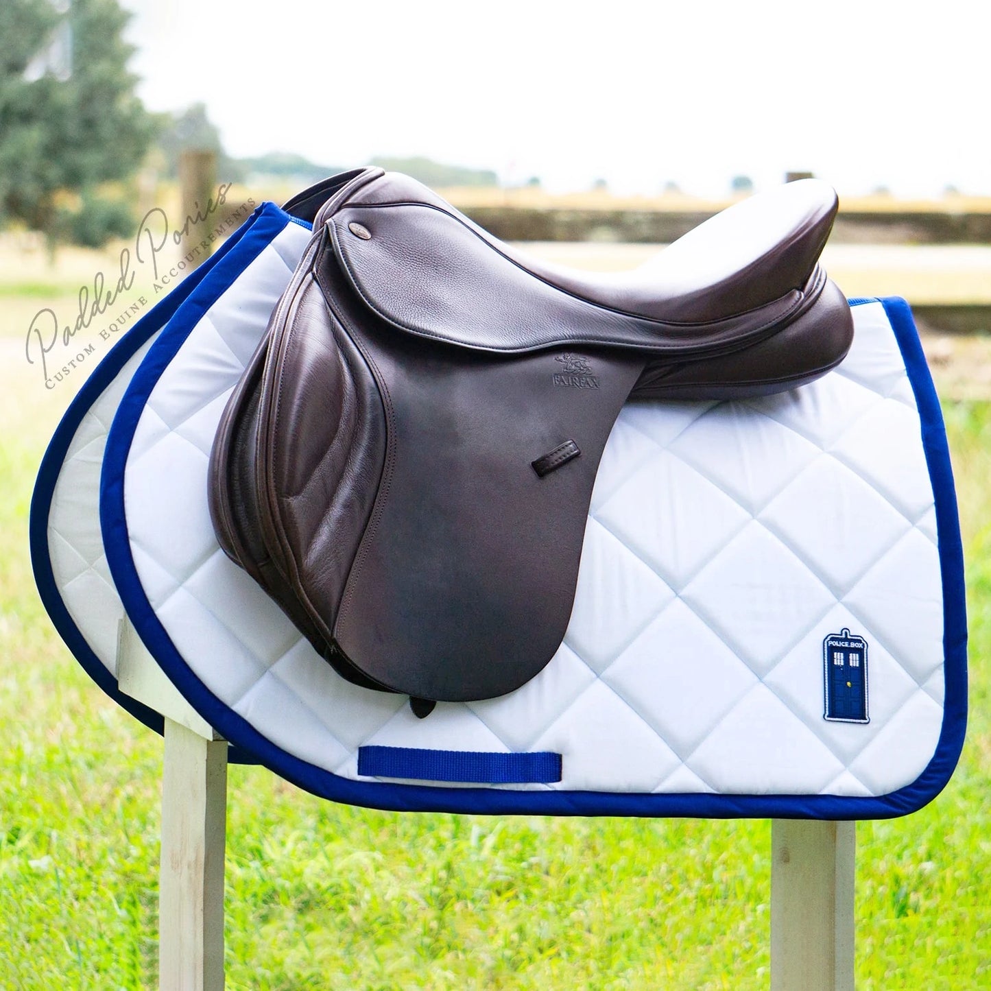 White and Royal Blue Dr. Who Tardis Patch Jump Saddle Pad
