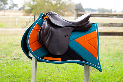 Dark Teal and Orange X Cross Country Eventing Jump Saddle Pad with Swallowtail Corner 