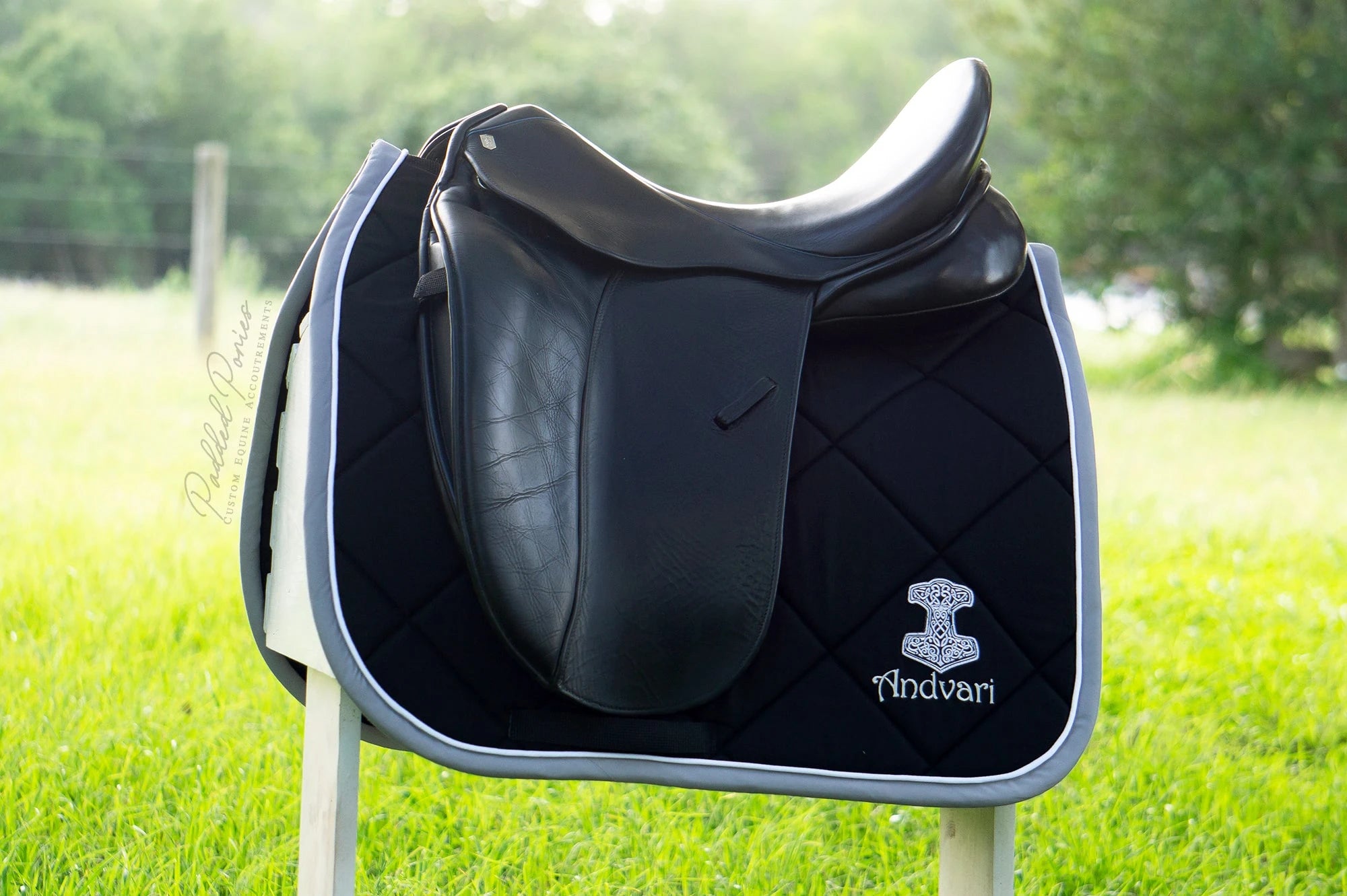 Black and Silver Gray Marvel Thor Superhero Patch Dressage Saddle Pad with Monogram