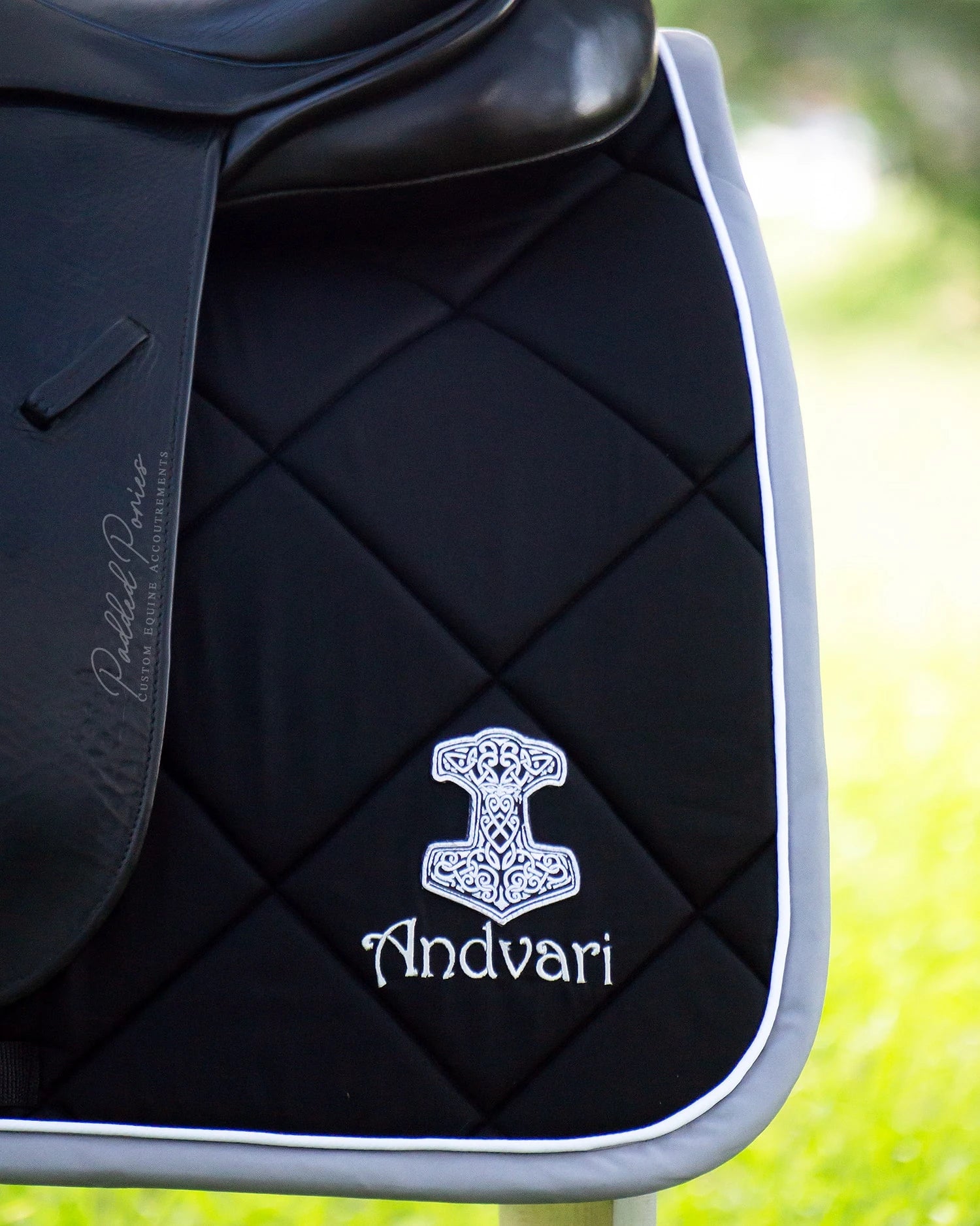 Black and Silver Gray Marvel Thor Superhero Patch Dressage Saddle Pad