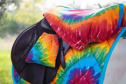 Rainbow Tie Dye Retro Stirrup Covers and Matching Saddle Cover