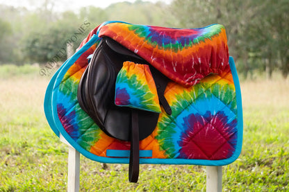 Rainbow Tie Dye Retro All Purpose Saddle Cover and Matching Stirrup Covers