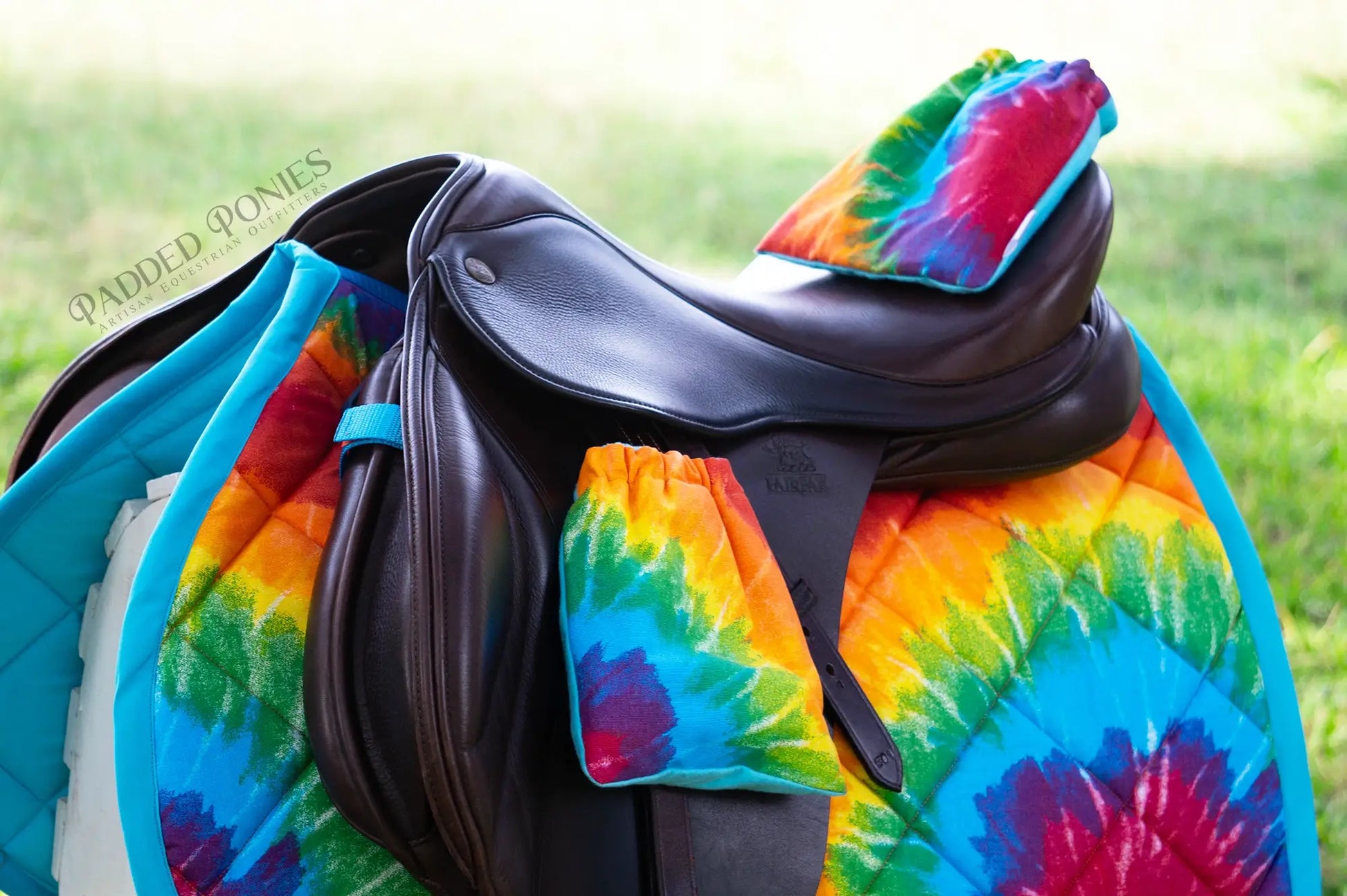 Rainbow Tie Dye Retro Stirrup Covers with Matching Saddle Pad