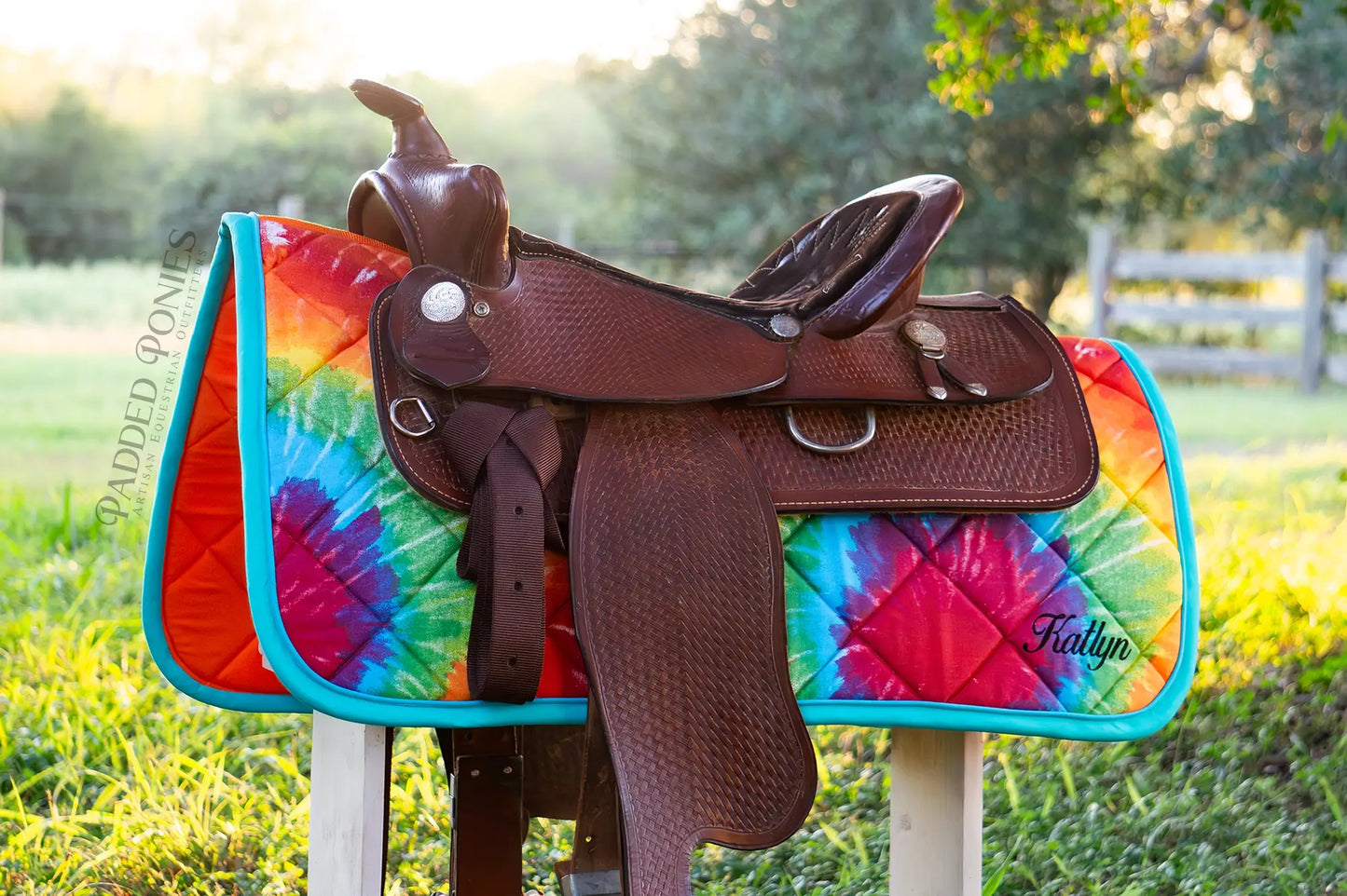 Rainbow Tie Dye Retro Western Saddle Pad with Monogram