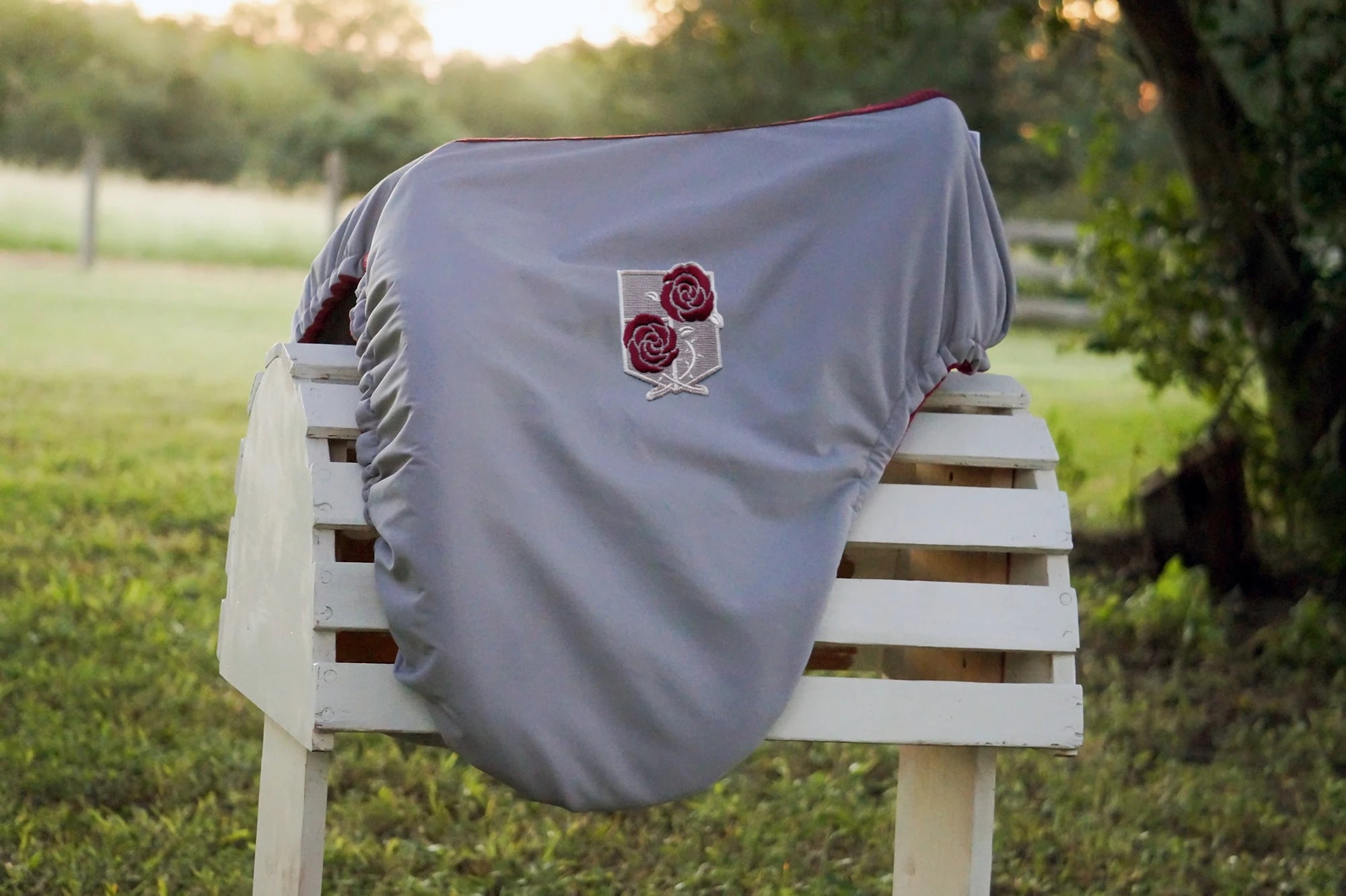 Silver Gray and Burgundy Attack on Titan Stationary Guard Anime Patch Dressage Saddle Cover